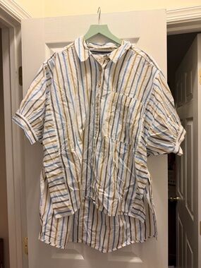 Women’s short Sleeve Striped Button-Up Shirt in White, Blue & Tan longer